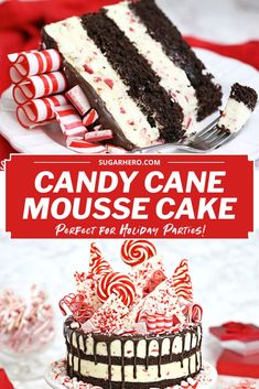 a cake with white frosting and candy canes on top is shown in front of a sign that says, candy cane mouse cake perfect for holiday parties