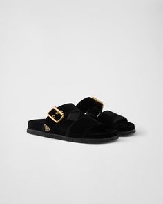 Black Velvet slides | PRADA Prada Slides, Slides Women, Triangle Logo, Prada Shoes, Designer Sandals, Airport Style, Metal Buckles, Luxury Shoes, Flip Flop Sandals