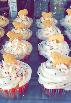 cupcakes with white frosting and gold decorations