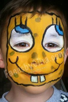 Spongebob face painting Cartoon Face Paint, Funny Face Painting, Spiderman Painting, Spongebob Faces, Face Doodles, Cheek Art, Spongebob Party, Face P