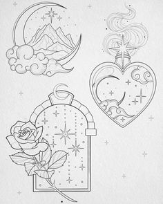 some tattoos that are in the shape of heart and moon with stars, clouds and mountains