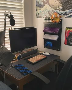 a computer desk with a keyboard, mouse and monitor