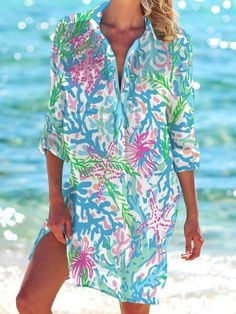 Women's Tropical Floral Print Beach Shirt Dress,Come to wonderclosets to Find your Favorite. Casual Multicolor Tropical Beach Dress, Colorful Pattern Dress For Beach, Multicolor Casual Tunic Beach Dress, Multicolor Tunic Beach Dress For Vacation, Multicolor Long Sleeve Vacation Dresses, Colorful Summer Dresses For Vacation, Multicolor Beach Dress For Spring Holiday, Casual Multicolor Tunic Beach Dress, Colorful Beach Dress For Beach Season