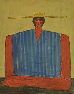 a drawing of a man with a hat on top of his head, sitting in front of a yellow wall