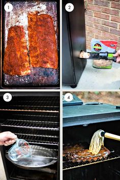 the steps in how to make bbq ribs on an outdoor grill with tongs