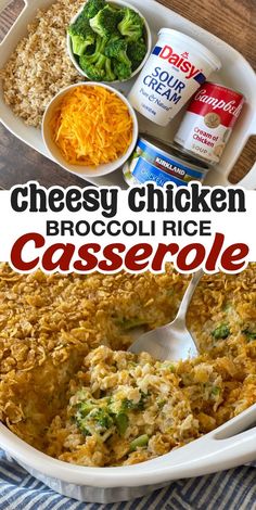 broccoli rice casserole in a white dish with cheese and chicken on the side