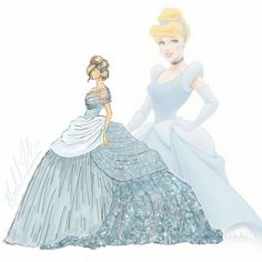 an image of two women in dresses that are drawn by hand and colored with watercolors