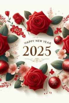 a happy new year card with roses and ornaments