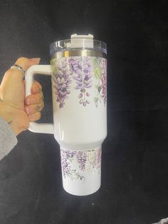 40oz Dupe Tumbler, Quencher Tumbler, Wisteria Floral, Tumbler With Handle, Screw On Straw Lid, H2O Tumblers, Hot Or Cold Drinks, Travel Cups Painted Stanley Cup, Lavender Wisteria, Floral Tumbler, Fabric Wall Decals, Tumbler With Handle, Car Freshener, 40oz Tumbler, Travel Cup, Cold Drink