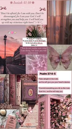 a collage with pink flowers and butterflies