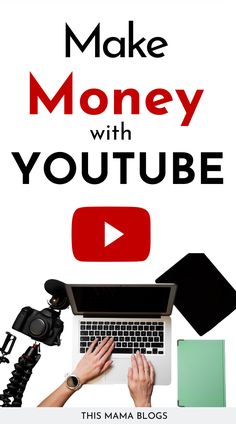 a person using a laptop computer with the words make money with youtube on top of it