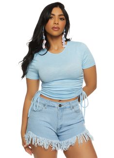 Short Sleeves, Crew Neck, T-Shirt, Cropped Hem, Ruching, Solid, Ribbed Knit, Item Number 1402074829207 Trendy Light Wash Stretch Tops, Blue Ruched Short Sleeve Top, Trendy Ruched T-shirt For Summer, Trendy Ruched Summer T-shirt, Trendy Ruched T-shirt For Spring, Casual Blue Ruched Top, Casual Light Blue Ruched Top, Rainbow Shop, Item Number