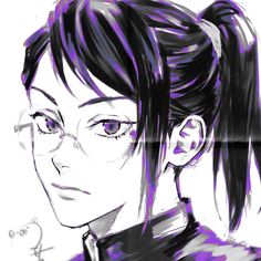 a drawing of a woman with glasses and a ponytail