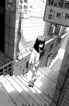 a girl walking up some stairs in an alley