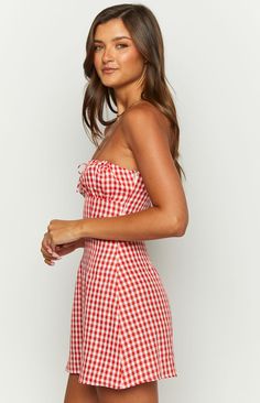 Faith Red Gingham Strapless Mini Dress Red Gingham Mini Dress, Senior Outfits, Gameday Fits, Red Gingham Dress, Gingham Mini Dress, College Clothes, Festival Fits, Rush Week, Y2k Kawaii