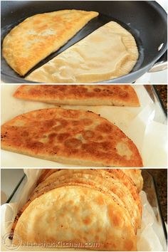 three different types of flat bread being cooked