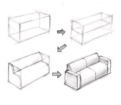 three different views of a couch and two tables with arrows pointing to the top one