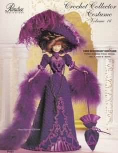 a barbie doll wearing a purple dress and hat with feathers on it's head