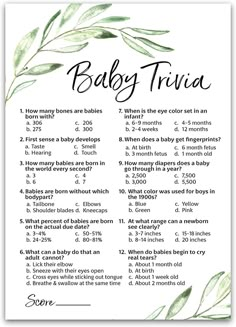 the baby trivia printable is shown in green and white with leaves on it