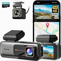 an image of a car dash camera next to a cell phone with gps and map