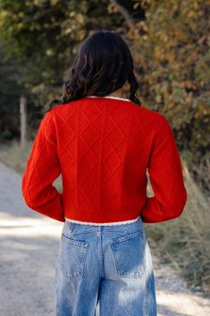 The Cosmic Love Scalloped Sweater features a scalloped hem and collar, cable knit texture, and super soft material. We love this bright red sweater paired with your favorite pair of jeans! cropped stretchy and soft // paired with the free people good luck mid rise barrel jeans in light blue Scalloped Sweater, Scallop Sweater, Cosmic Love, Barrel Jeans, Jeans Cropped, Knit Texture, Red Sweater, Scalloped Hem, Red Sweaters