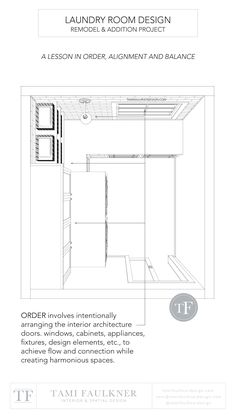 the laundry room design is shown in black and white, as well as an outline for the