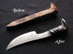 two different types of knifes on a black surface with the words before and after