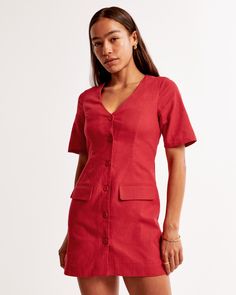 Our new short-sleeve mini dress in our classic linen-blend fabric, featuring front pockets, button-through detail and a flirty v-neckline. Short Sleeve Mini Dress, Mini Dress With Sleeves, Women's Dresses, Abercrombie Fitch, Linen Blend, Mini Dress, Womens Dresses, Red, Fabric