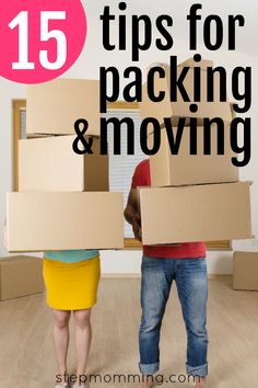 a man and woman carrying cardboard boxes with the text 15 tips for packing & moving