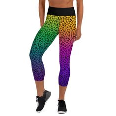 Take your love for all things Lisa Frank to the next level with our rainbow leopard print capri leggings! These vibrant, retro-inspired capris are a millennial's dream, combining your favorite bold rainbow hues with a fierce leopard print. Perfect for yoga sessions, costume runs, or just showing off your wild side around town, these capri leggings bring all the fun of the '90s back to life. Stretchy, comfortable, and guaranteed to turn heads, they're the ultimate statement piece for any workout or adventure. Channel your inner '90s kid and bring some serious color and personality to your wardrobe! These yoga capri leggings with a high, elastic waistband are the perfect choice for yoga, the gym, or simply a comfortable evening at home. * 82% polyester, 18% spandex * Very soft four-way stret Rainbow Leopard Print, Rainbow Leopard, Legging Outfits, Lisa Frank, Yoga Capris, Womens Leggings, Yoga Session, Back To Life, Capri Leggings