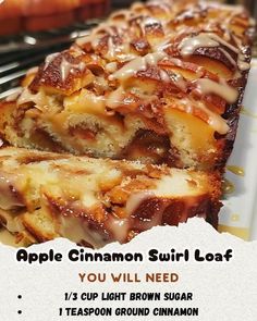 an advertisement for apple cinnamon swirl loaf cake