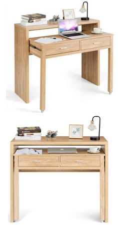 a desk with two drawers and a laptop on it, both side by side in different positions