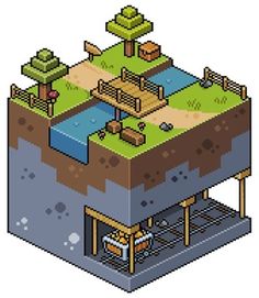 an old pixel style house with a pond and fence on the roof royalty - art illustration