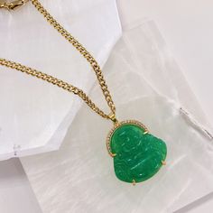 DOKAI BUDDHA JADE necklace Green Necklace With Gold Chain Gift, Green Necklaces With Gold Chain For Gifts, Gold Jade Jewelry For Good Luck, Green Gemstone Necklace For Good Luck, Green Emerald Necklace With Chain For Gifting, Green Jade Necklace, Attracting Wealth, Lucky Symbols, Laughing Buddha