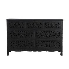 an ornate black dresser with four drawers