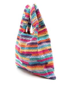 a multicolored crocheted bag is shown on a white background with the handles folded