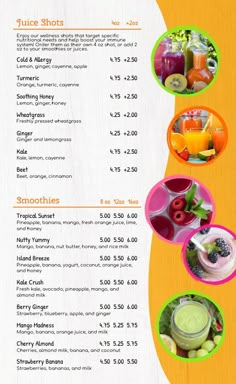 the menu for juice shots is shown with images of fruits and vegetables on it's side