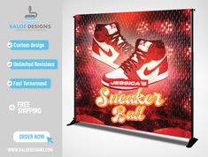 a red and white banner with the words sneaker ball on it