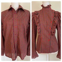 "This matchy-matchy set of plaid prairie-chic button down tops is too much.  The \"women's\" blouse features plentiful puffed sleeves, a high, ruffled collar, ruffled yoke with heart-shaped buttons from collar down on the left side, and ruffled cuffs closed with fabric loop button closure. Excellent condition. The \"men's\" top features a pointed collar and yoke (angled down from arm seam to button placket), luminous red snap closure down the front, and matching 3-snap closure on the cuffs. There is some fraying about 2/3 down on the inside edge of the inside button placket. Not visible when snapped up - see pictures.  Both are made out of a red, green, and blue plaid (predominantly red) with shiny gold thread detail. There are not tags, and I suspect these may be handmade (French seams in Fall Gingham Button-up Blouse, Plaid Blouse With Button Closure For Daywear, Fall Gingham Tops With Buttons, Plaid Cotton Blouse With Buttons, Classic Plaid Blouse For Fall, Fitted Plaid Button-up Blouse, Fitted Plaid Blouse With Buttons, Fall Gingham Shirt With Buttons, Fall Daywear Plaid Blouse