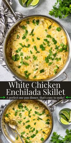 two pans filled with white chicken enchilada skillet and garnished with cilantro