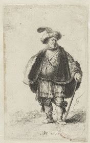 an old drawing of a man with a hat and coat, holding a cane in his right hand