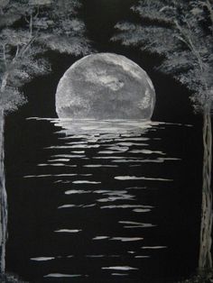 a black and white drawing of the moon over water with trees on either side by itself