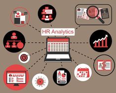 a laptop with various icons surrounding it and the words hr analytics on top of it