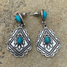 New Earrings! Never Been Worn. Add A Splash Of Effortless Style With These Boho Dangle Earrings. You Will Make A Statement Whether You Pair Them With A T-Shirt And Jeans Or Something A Little Dressier. Silver Tone Bohemian Style Dangle Earrings With Faux Turquoise Colored Stones. Post Back. Lightweight. Measures Almost 1 3/4 Inch Long. Fast Shipping! Southwestern Style Teardrop Dangle Earrings, Southwestern Nickel-free Teardrop Earrings, Adjustable Blue Bohemian Teardrop Earrings, Turquoise Chandelier Earrings For Festivals, Blue Bohemian Teardrop Earrings Nickel Free, Aztec Jewelry, Gold Chandelier Earrings, Abstract Earrings, Sunflower Earrings