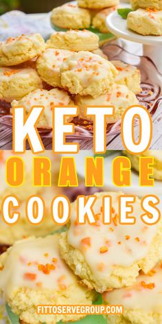 orange cookies with white icing and sprinkles on top, in front of the words keto orange cookies