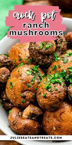 a white bowl filled with mushrooms covered in parsley