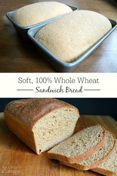 the bread is sliced and ready to be eaten on the table with text that reads soft, 100 % whole wheat sandwich bread