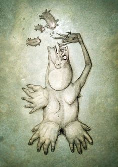 a drawing of a creature reaching up to grab something out of the air with his hands