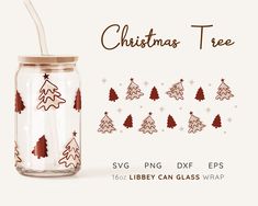 a glass jar with christmas trees on it and a straw in the bottom is shown