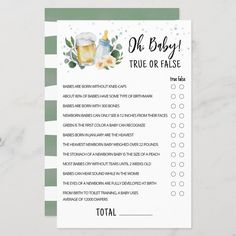 a green and white checklist with the words, oh baby true or false on it